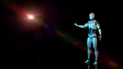 Fototapeta na wymiar robot, artificial intelligence cyborg on a dark and shiny stage