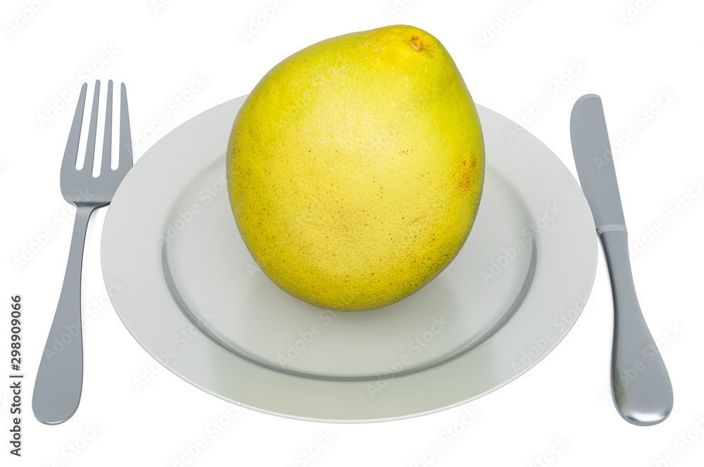 Poster pomelo on plate with fork and knife, 3d rendering