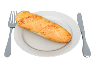 Mini baguette on plate with fork and knife, 3D rendering