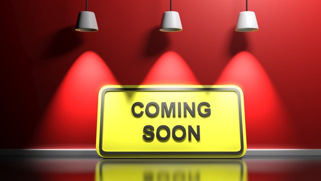 COOMING SOON yellow sign board at red wall - 3D rendering illustration