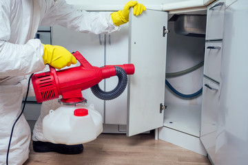white worker spraying pesticide on induction hob