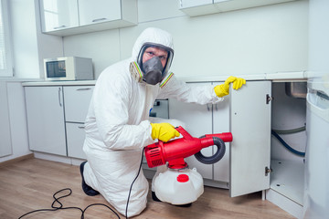 white worker spraying pesticide on induction hob