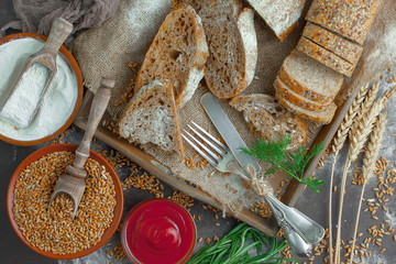 Bread products on the table in composition - close-up