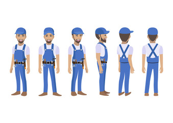 Engineer , technician, builders and mechanics cartoon character for animation. Front, side, back, 3-4 view character. Flat vector illustration