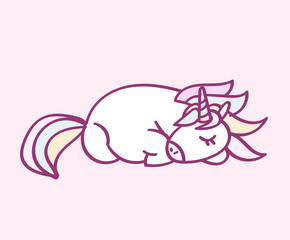 Cute cartoon character unicorn with rainbow hair sleeping, funny magical hand drawn vector illustration. Graphics art for print on t shirt, card.