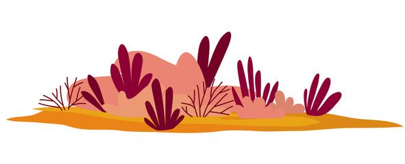 Colorful autumn landscape with bushes, leaves and twigs. Flat vector illustration in orange, pink and purple