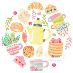 Round watercolor banner "Tea Time" with teapot, pancakes, cake, cup, cookies. Design element for party invitation, flyer, greeting card, banner, print. Tea time circle concept.