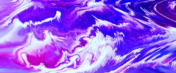 White-pink-purple abstract background with mixed paint. Acrylic texture with marble pattern. Wallpaper. Color mixing. Modern art, design, fashion.