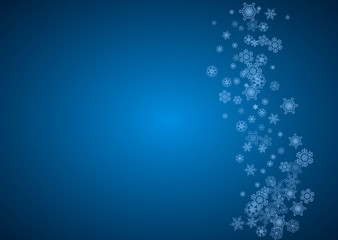 New Year snowflakes on blue background with sparkles. Horizontal Christmas and New Year snowflakes falling. For season sales, special offer, banners, cards, party invites, flyer. White frosty snow