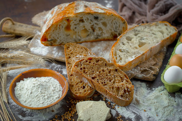Bread products on the table in composition - close-upм