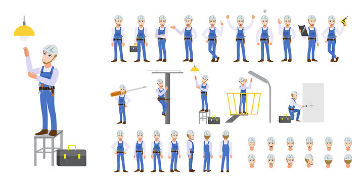 Electrician Technician worker, engineer, building construction worker and mechanics cartoon character set and animation. Front, side, back, 3-4 view character. Flat vector illustration