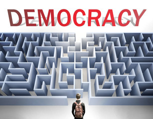 Democracy can be hard to get - pictured as a word Democracy and a maze to symbolize that there is a long and difficult path to achieve and reach Democracy, 3d illustration