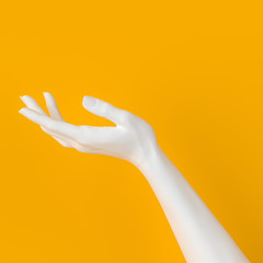 White open hand sculpture giving, holding, take or showing something gesture isolated on yellow background, 3d illustration,