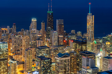 Aerial view of Chicago cityscape skyscraper under the blue sky at beautiful twilight time in Chicago, Illinois, United States, Landscape and Modern Architecture concept