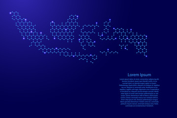 Indonesia map from futuristic hexagonal shapes, lines, points  blue and glowing stars in nodes, form of honeycomb or molecular structure for banner, poster, greeting card. Vector illustration.