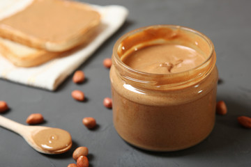 creamy peanut butter on the table. Peanut paste.