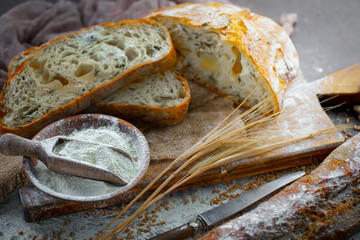 Bread products on the table in composition 