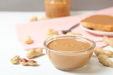 creamy peanut butter on the table. Peanut paste.