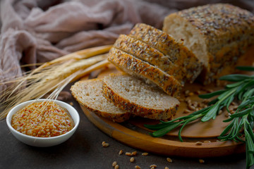 Bread products on the table in composition 