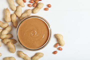 creamy peanut butter on the table. Peanut paste.