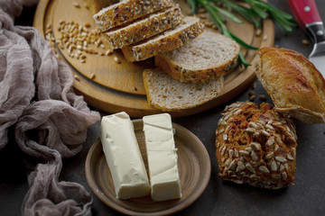Bread products on the table in composition 