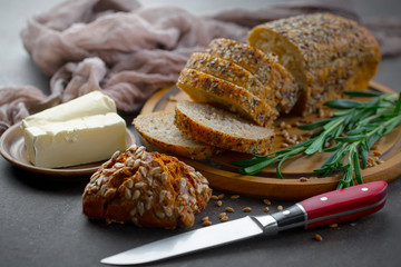 Bread products on the table in composition 