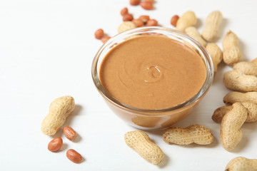 creamy peanut butter on the table. Peanut paste.