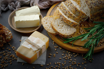 Bread products on the table in composition 