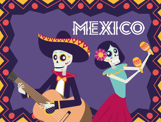 dia de los muertos card with mariachi playing guitar and catrina