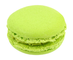 Macaron, confectionery sweet product, one green isolated on white background with clipping path. Full depth of field.