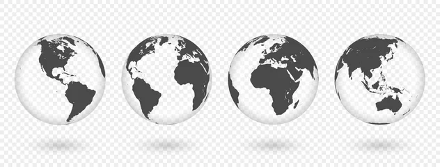 Fotobehang Set van transparante bollen van de aarde. Realistische wereldkaart in bolvorm met transparante textuur en schaduw © FourLeafLover