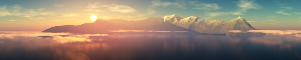 Obraz premium Panorama of the bay at sunset. Seascape in the morning in the fog