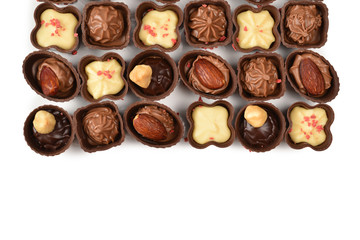 Mix of tasty chocolate candy collection isolated on white. Copy space.