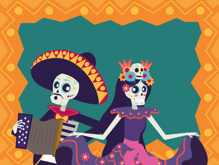 dia de los muertos card with mariachi playing accordion and catrina