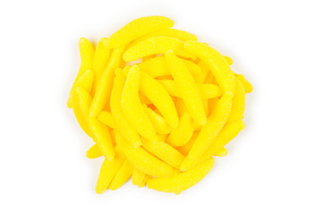 Juicy colorful jelly banana sweets isolated on white. Gummy candies.