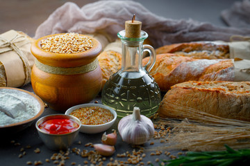 Bread products on the table in composition - close-up