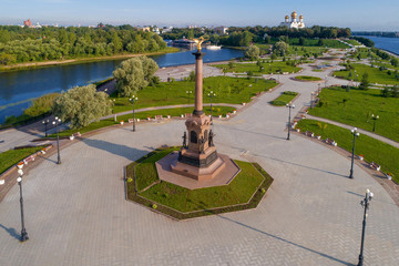 Monument in the city of Yaroslavl on a sunny July day close-up (shooting from a quadrocopter)....