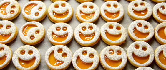 Weihnachtskekse Weihnachstplätzchen Spitzbuben - lachende Gesichter - Aprikosenkekse