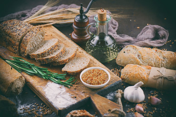 Bread products on the table in composition 