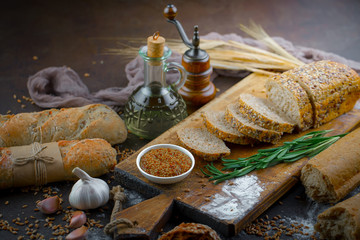 Bread products on the table in composition - close-up