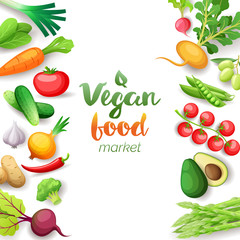 Vegetables top view square frame. Vegan food market menu design. Colorful fresh vegetables, organic healthy food, vector illustration.