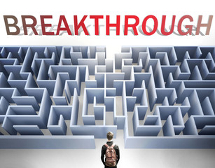 Breakthrough can be hard to get - pictured as a word Breakthrough and a maze to symbolize that there is a long and difficult path to achieve and reach Breakthrough, 3d illustration