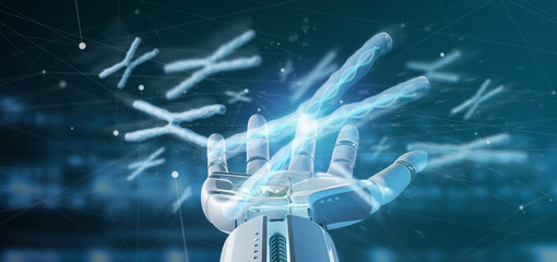 Cyborg hand holding a Group of chromosome with DNA inside isolated on a background 3d rendering