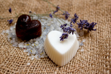 Two Heart Soaps, Lavender Twigs and Bath Salt on Jute Underlay