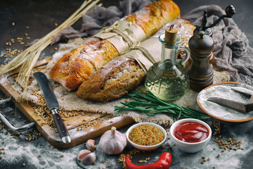 Bread products on the table in composition 