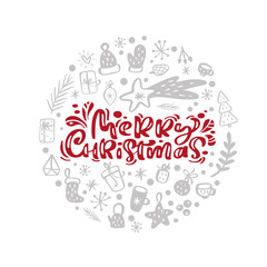 Merry Christmas vector scandinavian calligraphic vintage text in form of round ball with xmas elements. Greeting card template with vintage style elements Doodle Illustration