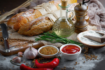 Bread products on the table in composition 