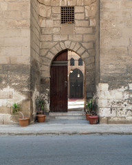 Entrance of public historic Mamluk era mosque of Al Nasir Mohammad Ibn Qalauon, revealing the mosqu's courtyard, situated in the Citadel of Cairo in Egypt