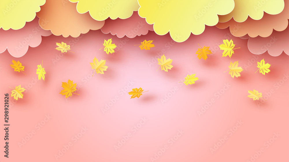 Poster illustration of autumn with maple leaves are falling in forest. and place for your text space. maple