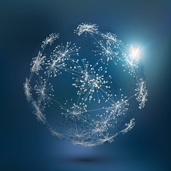 Network information background. Connected spherical system. Big data visualization. Social media graph of users.